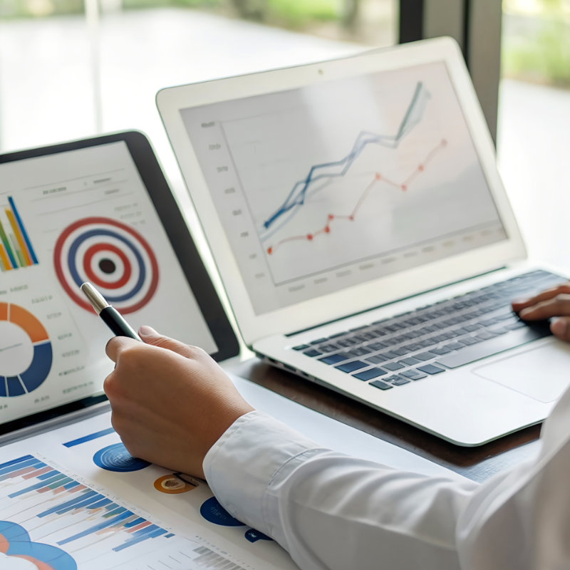 Analyst reviewing market trend charts on a laptop with printed reports