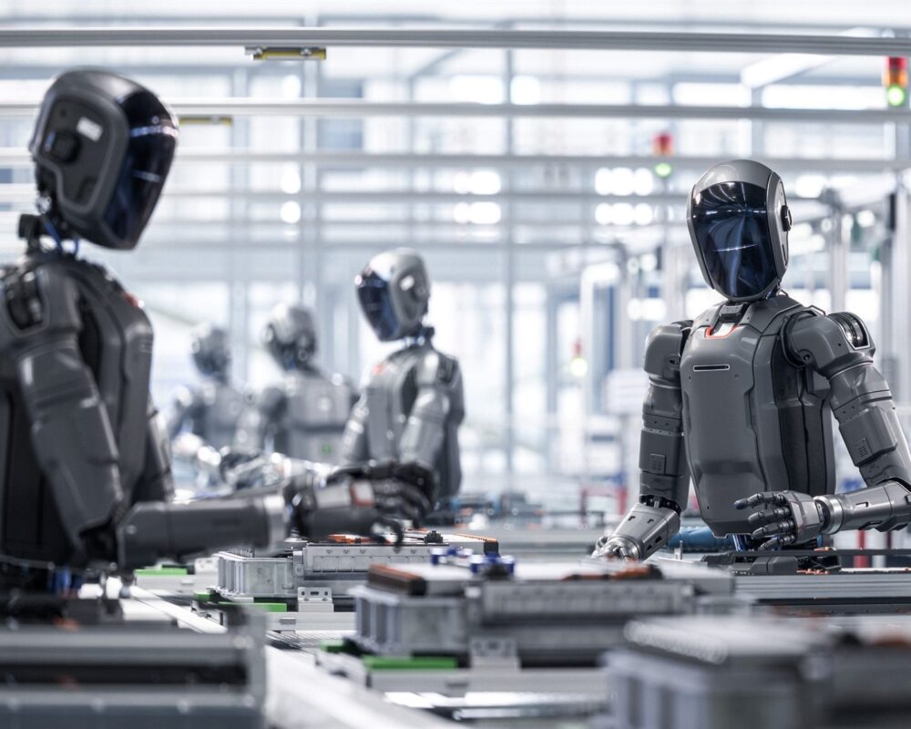 Row of humanoid robots working on a factory production line